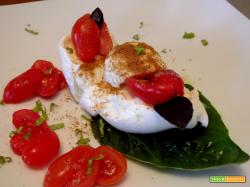 bufala con bottarga, basilico rosso e datterini