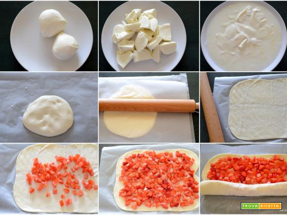 Sfoglia di mozzarella fatta in casa con pomodori, fragole e salsa al basilico