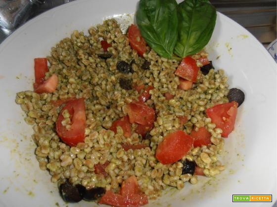 insalata di farro con pesto,pomodori ed olive