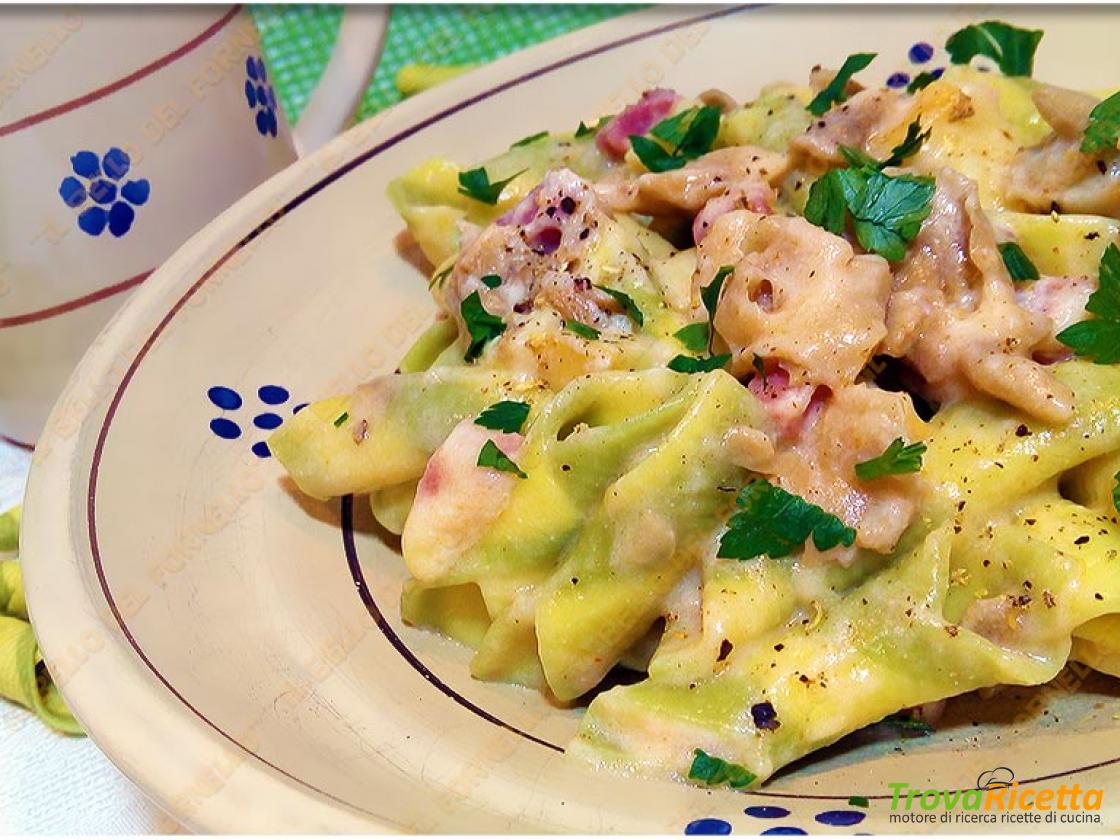 Garganelli con funghi prosciutto cotto e provola - Ricetta |  