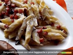 Garganelli cremosi alle olive taggiasche e prosciutto croccante