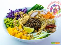 Thai Bowl di Riso Rosso, pollo, frutta e verdura con salsa piccante di arachidi