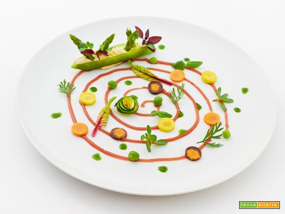 due passi nell’orto – bacelli ripieni su salsa di carote con verdure ed erbe dell’orto