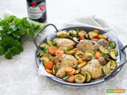Pollo alle verdure e salsa di soia al forno