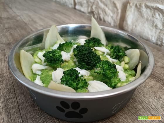 Riso soffiato per cani con crema di piselli, broccoli, platessa e petali di finocchio: ricetta versatile