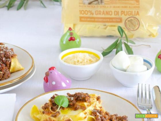 Nidi di Pappardelle Casa Milo 100% Filiera Puglia con ragù e mozzarella