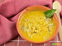 Crema di carote, piselli e patate con farro e riso