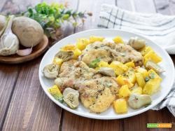 Sovracosce di pollo con patate e carciofi al forno